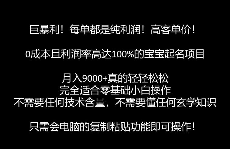 巨爆利，月入9000 的宝宝取名新项目，每一单全是净利润，零基础都可以躺着赚钱【附手机软件 视频教学】