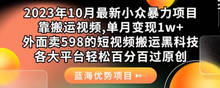 2023年10月最新小众暴力行为新项目，靠搬运视频,每月转现1w ，外边卖598的小视频运送高科技，各个平台轻轻松松百分之百过原创设计