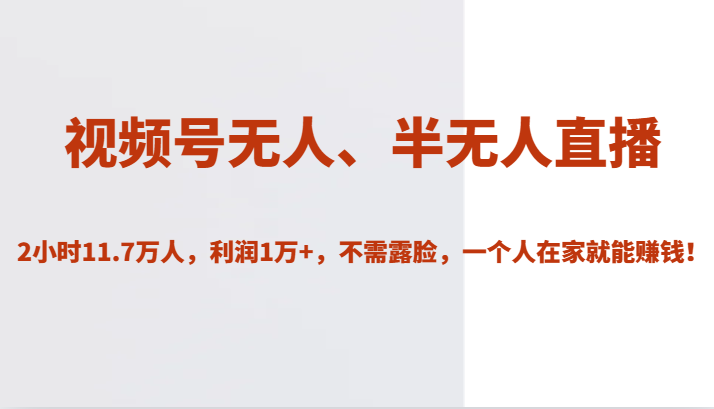 微信视频号没有人、半无人直播2个小时11.7数万人，盈利1万 ，无需要漏脸，一个人在家就能赚钱！