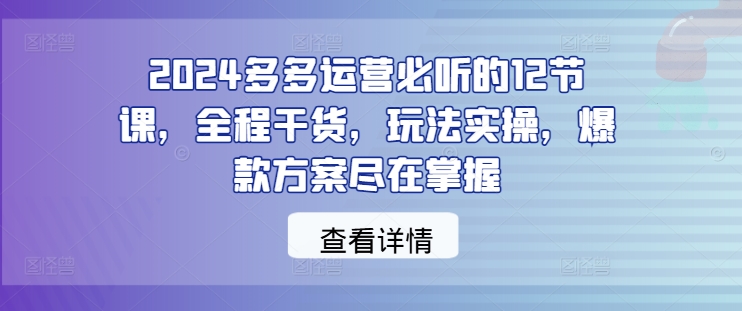 2024多多运营必听的12节课，全程干货，玩法实操，爆款方案尽在掌握