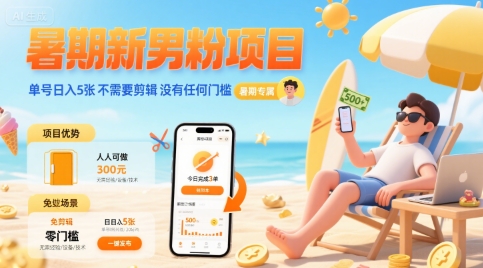 暑期新男粉项目 单号日入5张?不需要剪辑 ?没有任何门槛