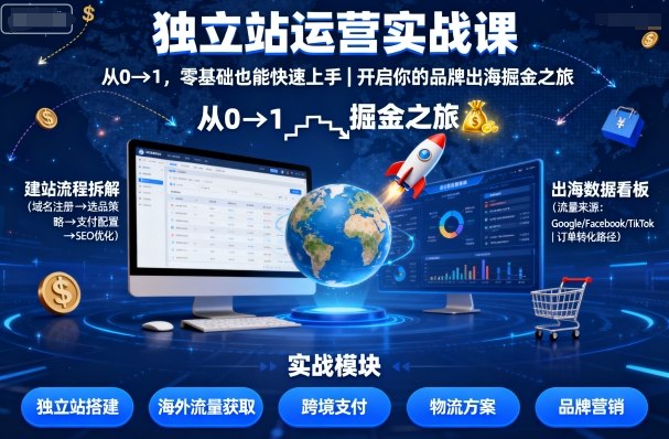 独立站运营实战课，?从0到1，零基础也能快速上手，开启你的品牌出海掘金之旅