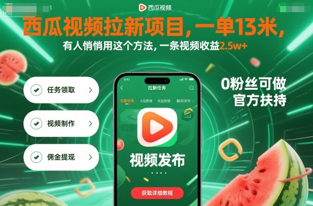 西瓜视频拉新项目，一单13米，有人悄悄用这个方法，一条视频收益2.5w+（附详细教程）