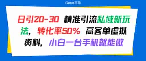 日引 20-30 精准引流私域新玩法，转化率50% 高客单虚拟资料，小白一台手机就能做