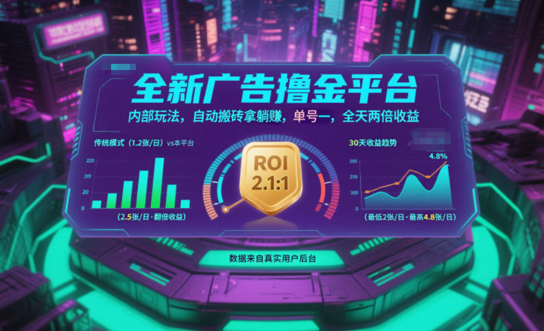 全新广告撸金平台，内部玩法，自动搬砖拿躺賺，单号一天保底2张+，全天两倍收益【揭秘】