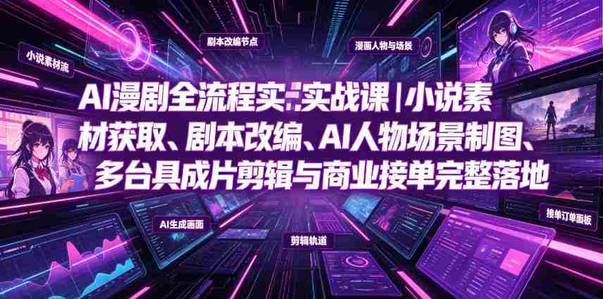 AI漫剧全流程实战课｜小说素材获取、剧本改编、AI人物场景制图、多工具成片剪辑、平台付费变现与商业接单完整落地