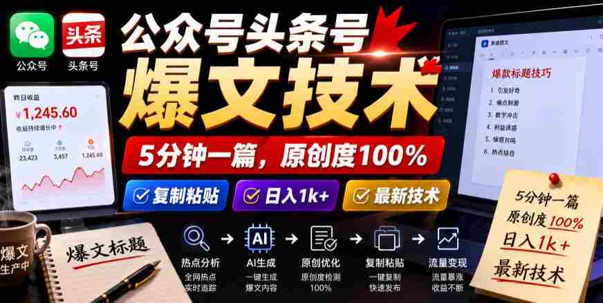 公众号头条号爆文技术，5分钟一篇，原创度100%，复制粘贴，日入1k+，最新技术【揭秘】