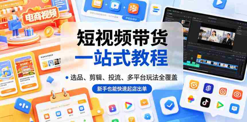 短视频带货一站式教程，选品、剪辑、投流、多平台玩法全覆盖，新手也能快速起店出单