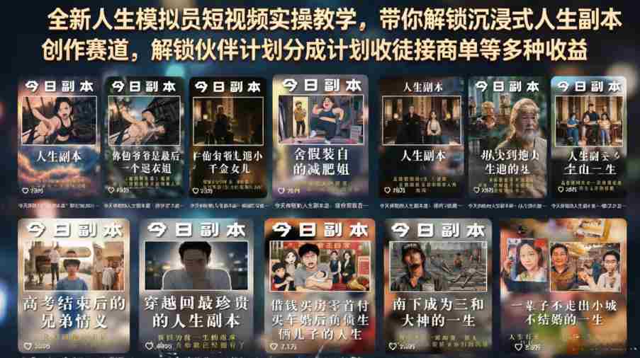 全新人生模拟员短视频实操教学，带你解锁沉浸式人生副本创作赛道，解锁伙伴计划分成计划收徒接商单等多种收益