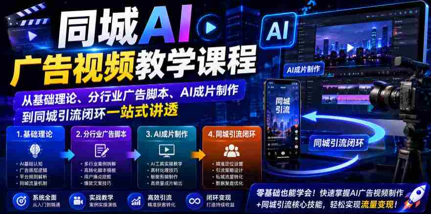 同城AI广告视频教学课程，从基础理论、分行业广告脚本、AI成片制作到同城引流闭环一站式讲透