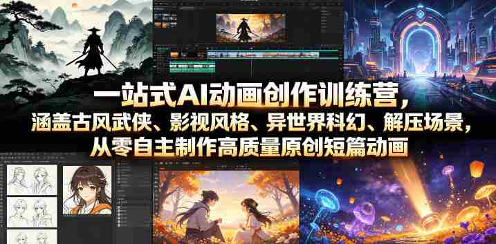 一站式AI动画创作训练营，涵盖古风武侠、影视风格、异世界科幻、解压场景，从零自主制作高质量原创短篇动画