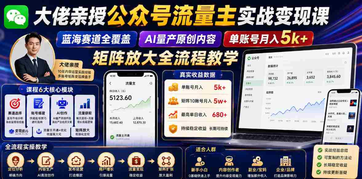 大佬亲授公众号流量主实战变现课，蓝海赛道全覆盖，AI量产原创内容，单账号月入5k+矩阵放大全流程教学