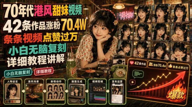【2026.07.20】70年代港风甜妹视频：42条作品狂涨70万粉，条条爆款点赞破万！小白零基础复刻，手把手教程拆解