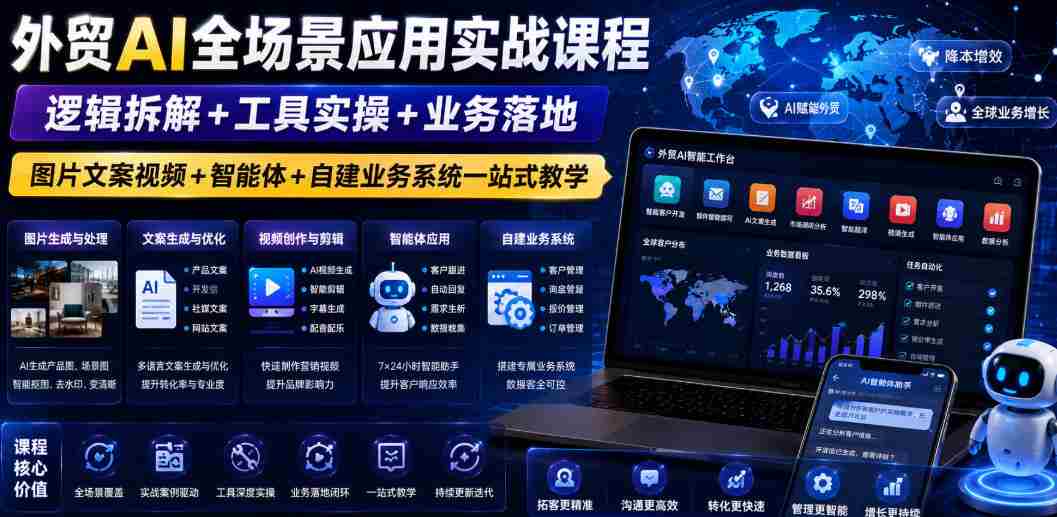 外贸AI全场景应用实战课程｜逻辑拆解+工具实操+业务落地，图片文案视频+智能体+自建业务系统一站式教学