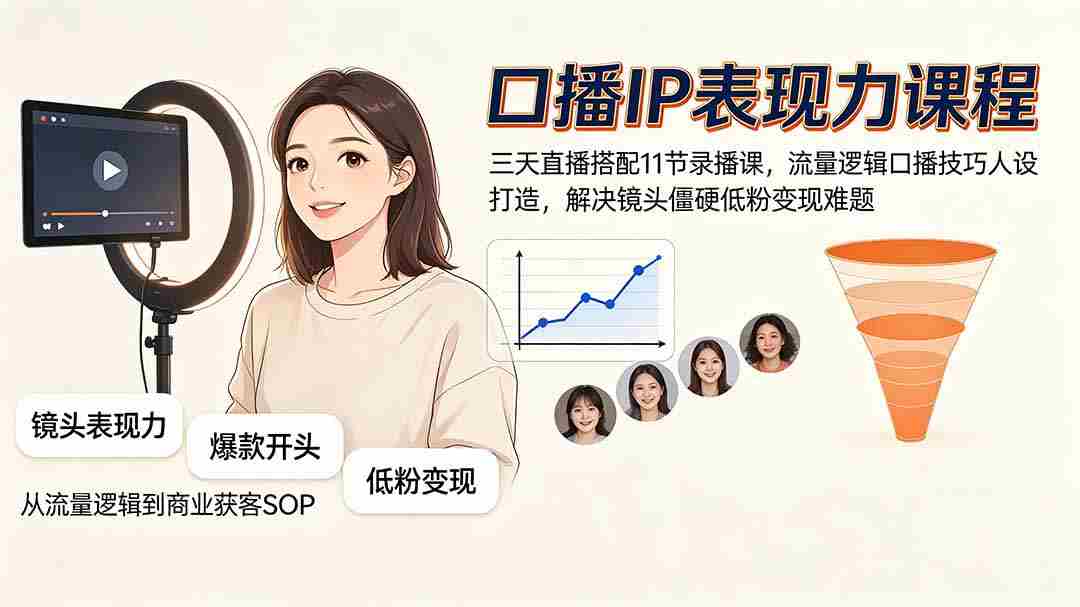 （19604期）口播IP表现力课程｜三天直播搭配11节录播课，流量逻辑口播技巧人设打造，解决镜头僵硬低粉变现难题