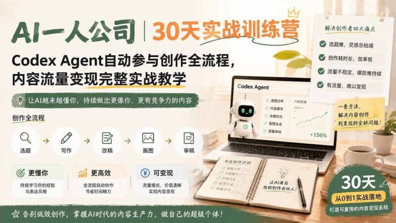 【2026.08.10】AI一人公司｜30天实战训练营：Codex Agent全流程自动化创作，内容变现从0到1落地指南
