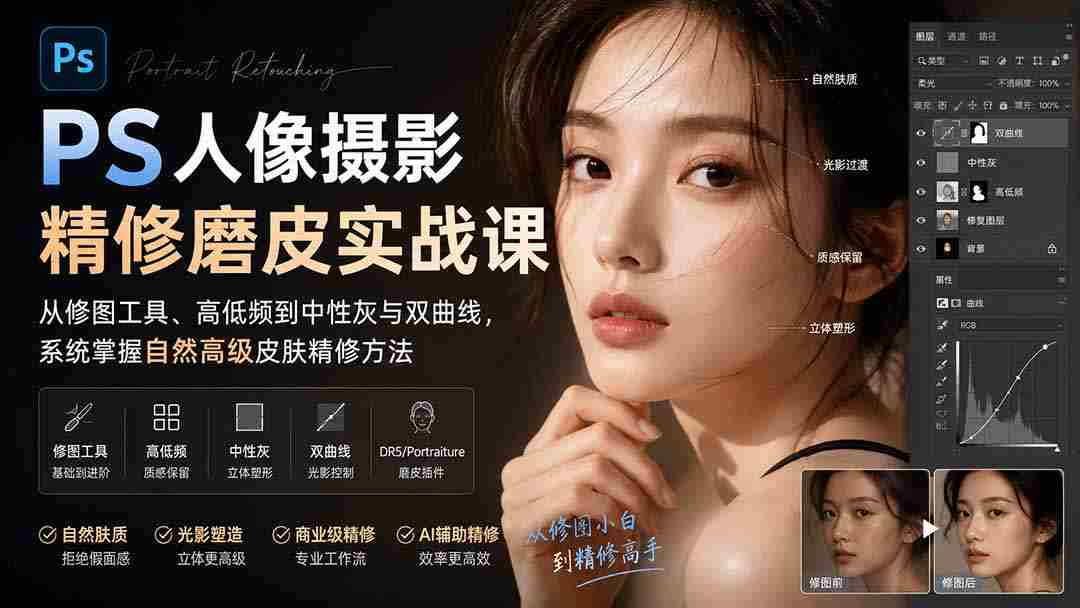 （20061期）PS人像摄影精修磨皮实战课：从修图工具、高低频到中性灰与双曲线，系统掌握自然高级皮肤精修方法