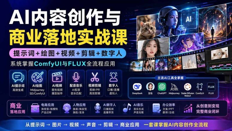 【2026.08.17】AI创作到商业变现全链路实战：提示词×绘图×视频×剪辑×数字人，一站式精通ComfyUI与FLUX应用