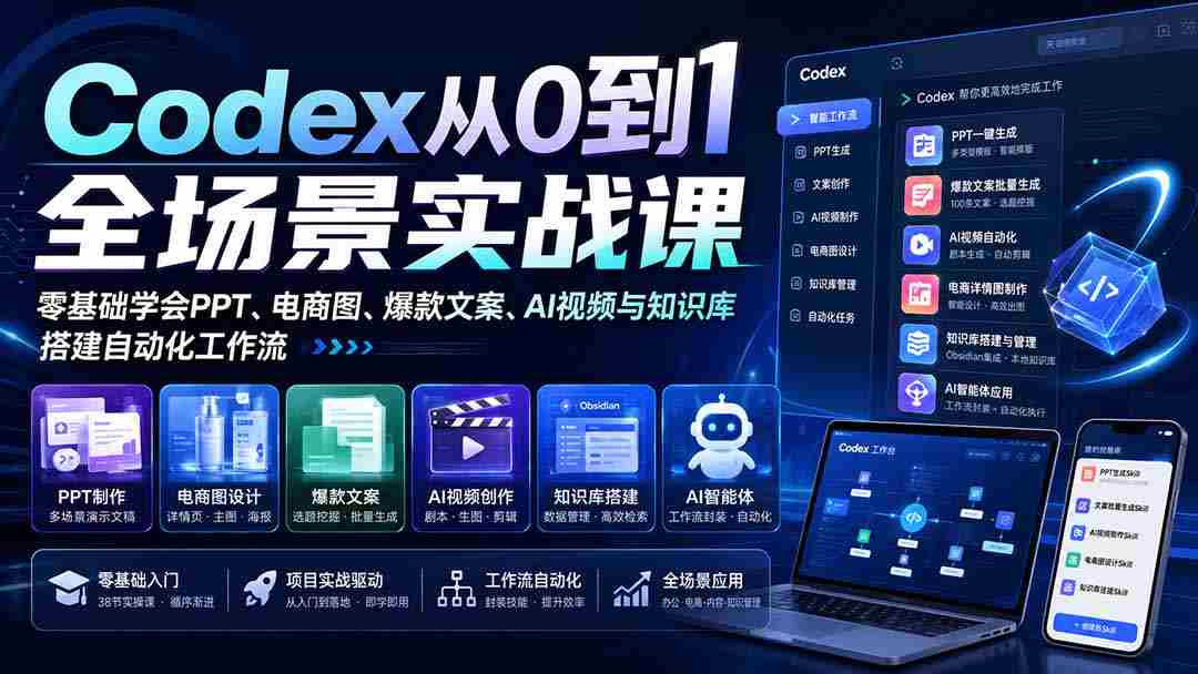 （20041期）Codex从0到1全场景实战课：零基础学会PPT、电商图、爆款文案、AI视频与知识库，搭建自动化工作流