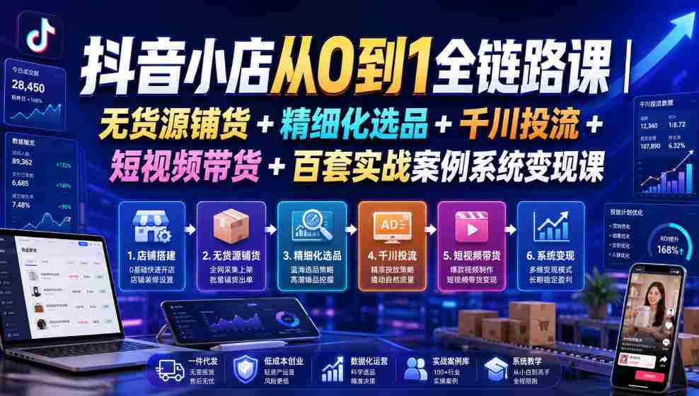 抖音小店从0到1全链路课｜无货源铺货+精细化选品+千川投流+短视频带货+百套实战案例系统变现课（2026年7月更新）