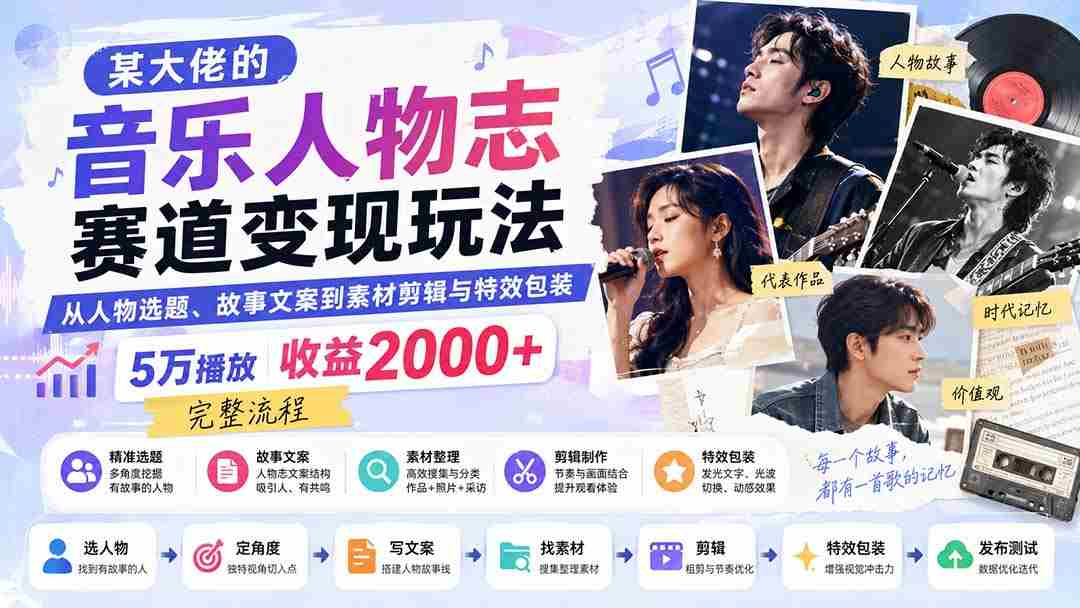 （20121期）某大佬的音乐人物志赛道变现玩法：从人物选题、故事文案到素材剪辑与特效包装，5万播放收益2000+完整流程