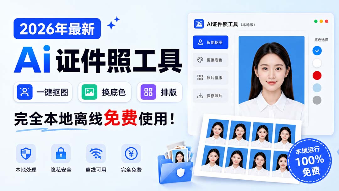 【2026.08.29】2026年AI证件照神器：本地离线一键抠图换底色，免费不限次！