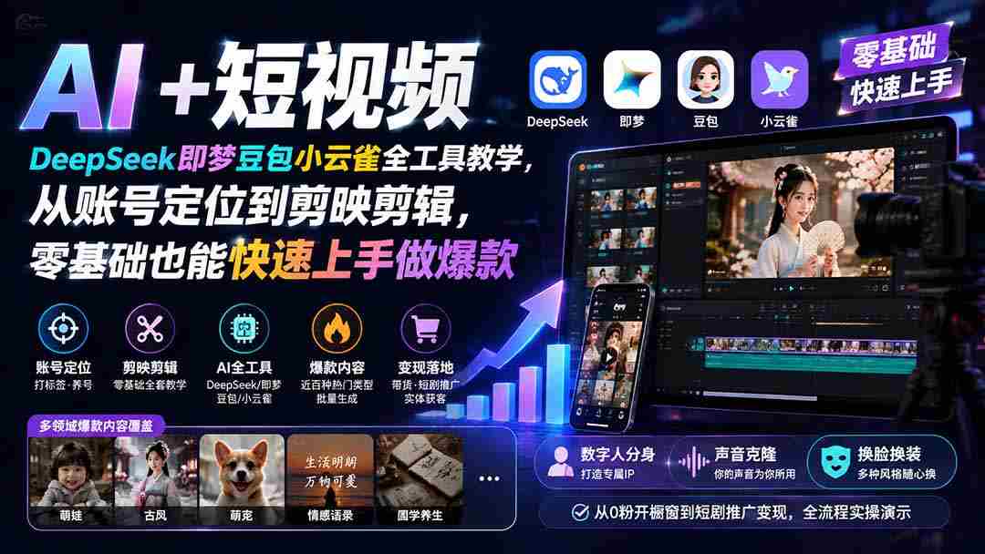 （19759期） AI+短视频｜DeepSeek即梦豆包小云雀全工具教学，从账号定位到剪映剪辑，零基础也能快速上手做爆款