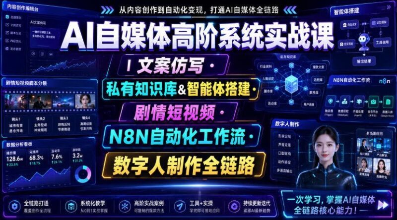【2026.07.26】AI自媒体进阶实战课：文案仿写、知识库搭建、智能体开发、剧情短视频、N8N自动化与数字人制作全链路解析