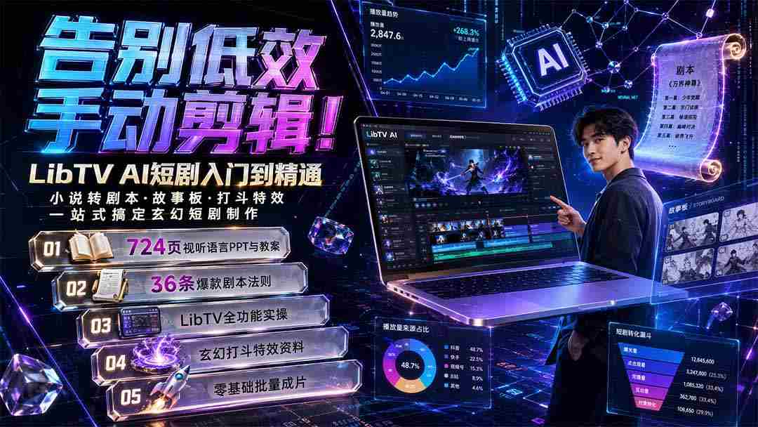 （19678期）告别低效手动剪辑！LibTV AI短剧入门到精通，小说转剧本方法，故事板打斗特效一站式搞定玄幻短剧制作