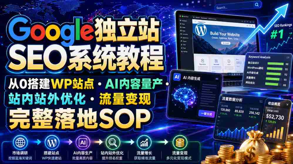 Google独立站SEO系统教程，从0搭建WP站点?AI内容量产?站内站外优化?流量变现完整落地SOP（2026年7月）