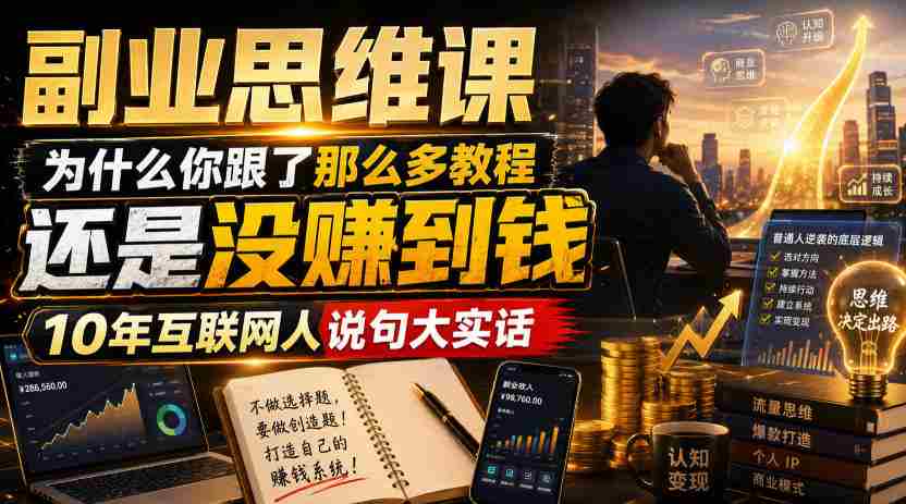 副业思维课，为什么你跟了那么多教程，还是没赚到钱，10年互联网人说句大实话【揭秘】