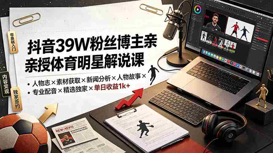 （19476期）抖音39W粉丝博主亲授体育明星解说课：人物志×素材获取×新闻分析×人物故事×专业配音×精选独家×单日收益1k+