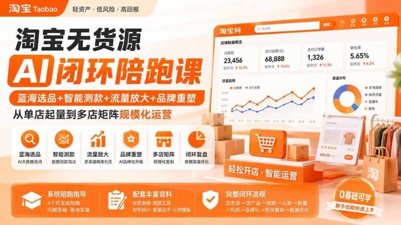 【2026.08.20】淘宝无货源AI全链路陪跑：蓝海选品×智能测款×流量爆发×品牌升级，单店破零到多店矩阵的规模化增长实战