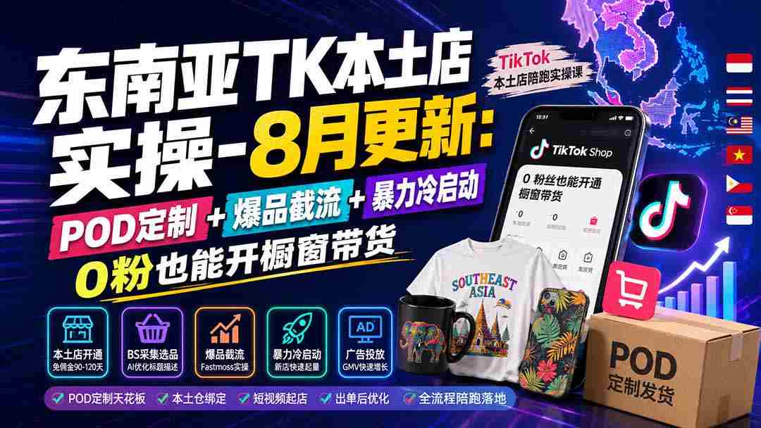 （19963期）东南亚TK本土店实操-8月更新：POD定制+爆品截流+暴力冷启动，0粉也能开橱窗带货