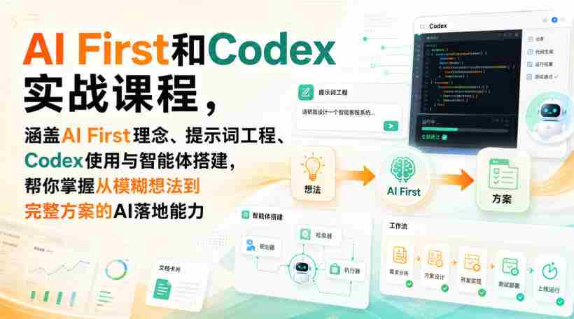 AI First和Codex实战课，涵盖AI First理念、提示词工程、Codex使用与智能体搭建，掌握从模糊想法到完整方案的AI落地能力