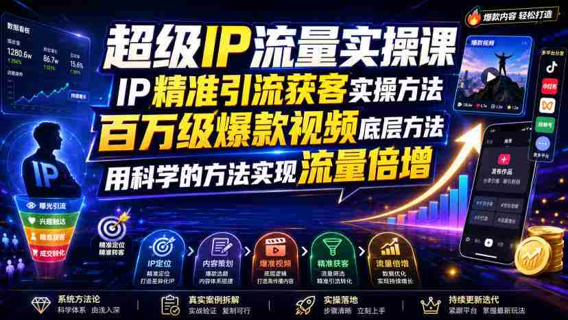 超级IP流量实操课，IP精准引流获客实操方法，百万级爆款视频底层方法，用科学的方法实现流量倍增