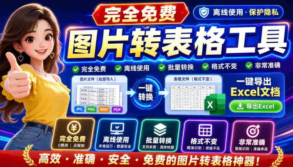 （19972期）图片表格识别提取工具，支持一键从图片中智能提取表格并导出Excel文件，可离线免网运行，FastTableOCR