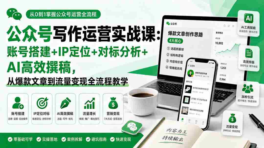 （19914期）公众号写作运营实战课：账号搭建+IP定位+对标分析+AI高效撰稿，从爆款文章到流量变现全流程教学
