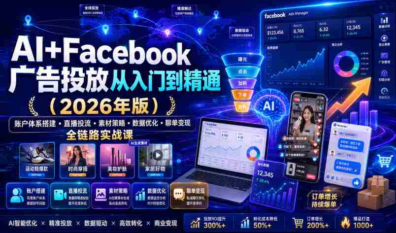 AI+Facebook广告投放从入门到精通（2026年版）｜账户体系搭建?直播投流?素材策略?数据优化?聊单变现全链路实战课