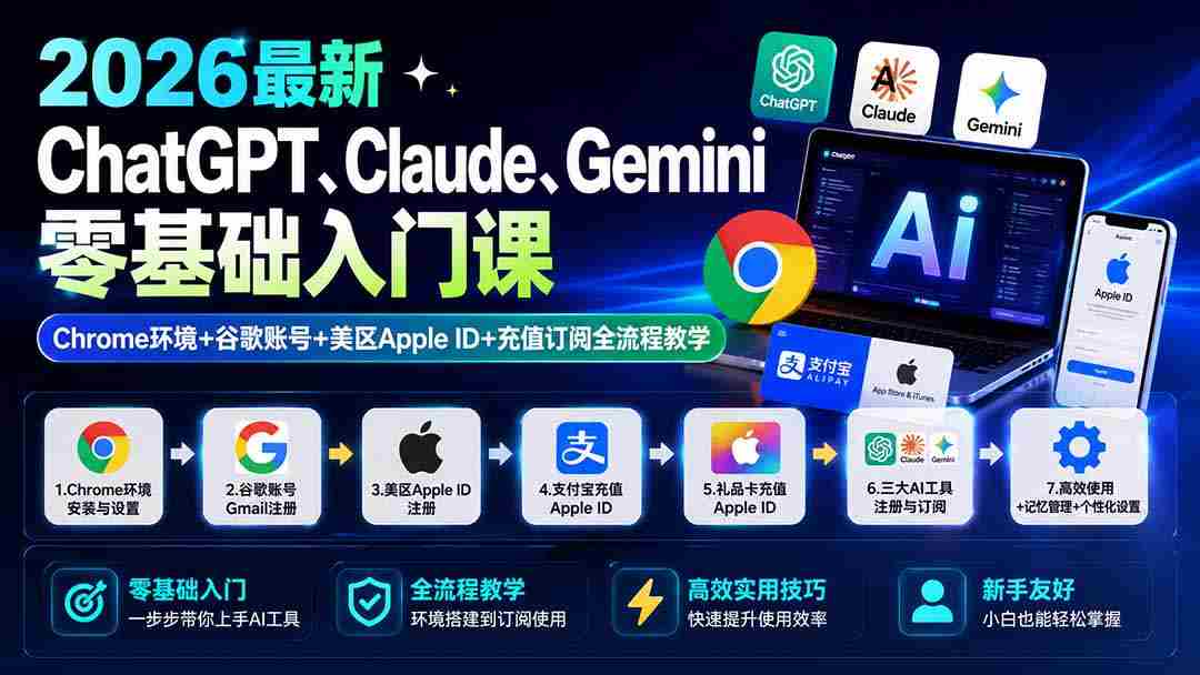 （19923期）2026最新ChatGPT、Claude、Gemini零基础入门课：Chrome环境+谷歌账号+美区Apple ID+充值订阅全流程教学