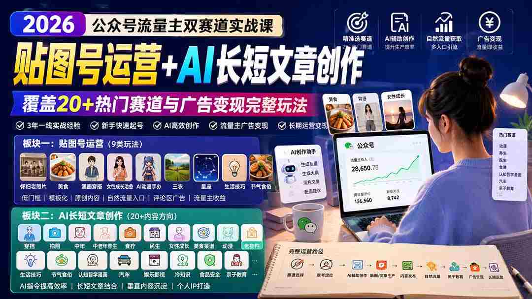 （20153期）公众号流量主双赛道实战课：贴图号运营+AI长短文章创作，覆盖20+热门赛道与广告变现完整玩法