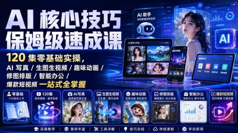 【2026.08.13】AI技能一站式精通｜120集零基础实战，AI写真/生图生视频/趣味动画/修图排版/智能办公/爆款短视频全搞定