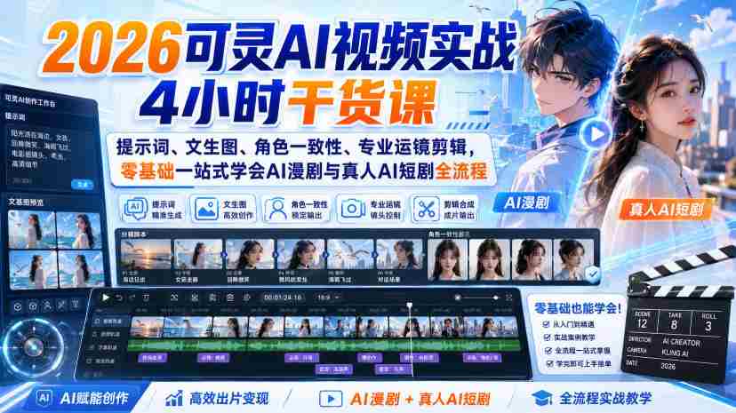 2026可灵AI视频实战4小时干货课｜提示词、文生图、角色一致性、专业运镜剪辑，零基础一站式学会AI漫剧与真人AI短剧全流程