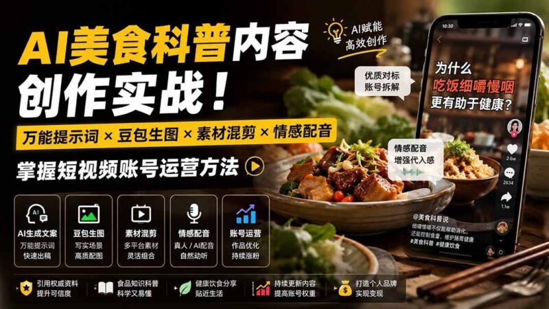 【2026.08.18】AI美食号从0到1：万能提示词×豆包生图×情感配音，手把手教你打造爆款短视频账号