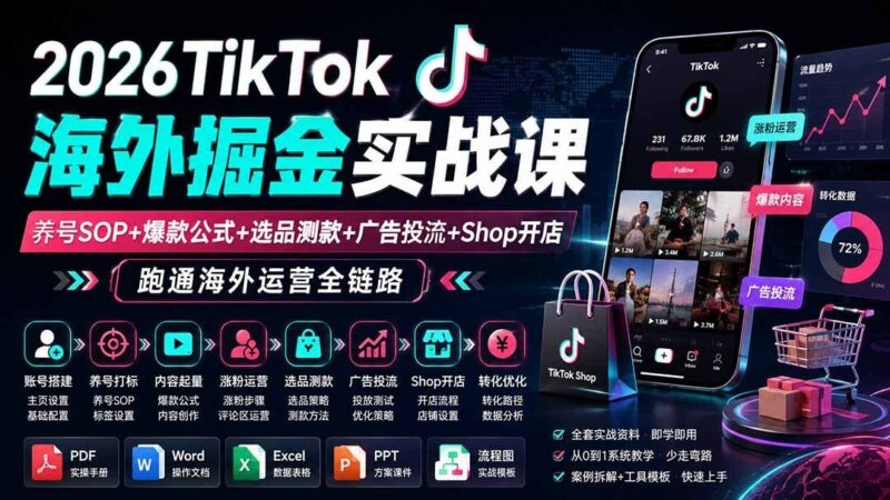 【2026.08.20】2026 TikTok出海变现全攻略：从养号、爆款打造到广告投放与Shop开店，一站式跑通海外掘金闭环