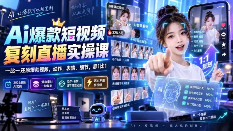 【2026.09.07】AI爆款短视频1:1复刻实操课：动作、表情、细节全还原，打造你的直播爆款！